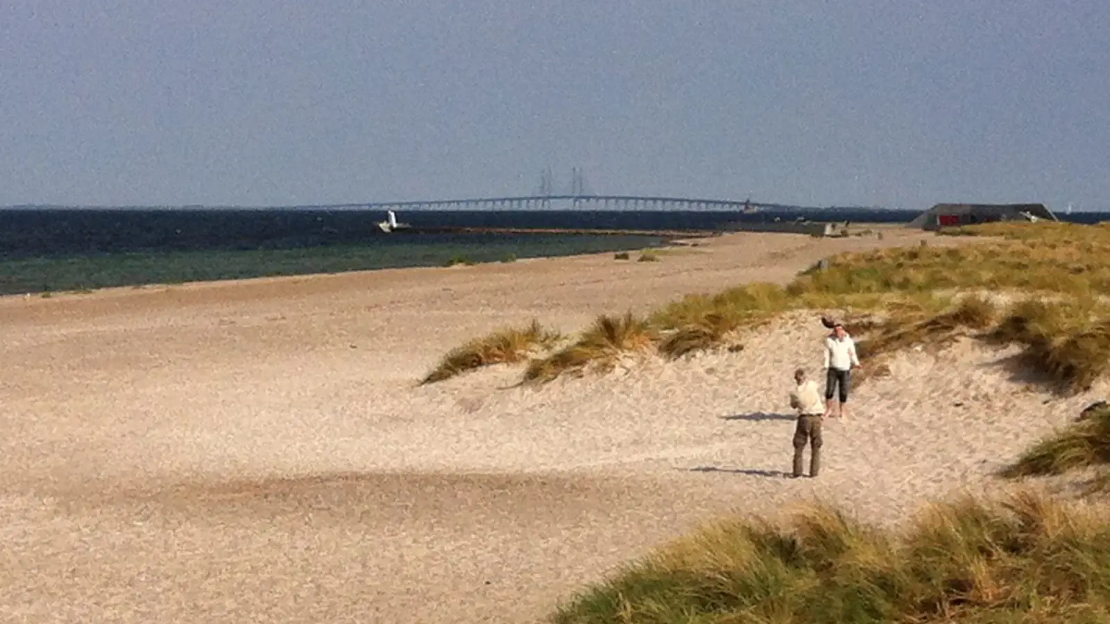 Sandstrand vid Amager Strandpark med Öresundsbron i fjärran